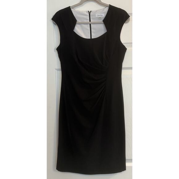 Calvin Klein Cocktail Dress Sz 8 Black LBD Career Ruched Little Black Dress EUC - Picture 2 of 16